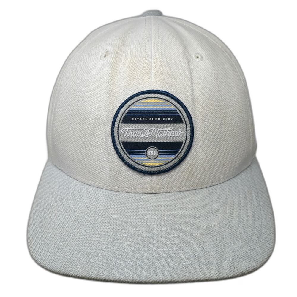 TravisMathew Snapback Hat White One Size Flexfit 110 Gray Brim Logo Patch